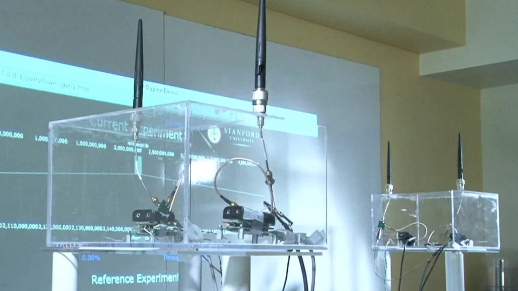 The full duplex radio with two transmitting antennas that cancel each other out at the receiving antenna