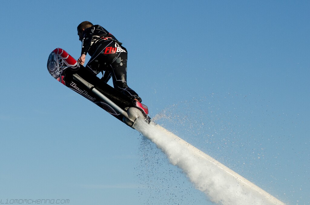 The Hoverboard provides a surfing/snowboarding through the air feel, fueled by a powerful stream of water