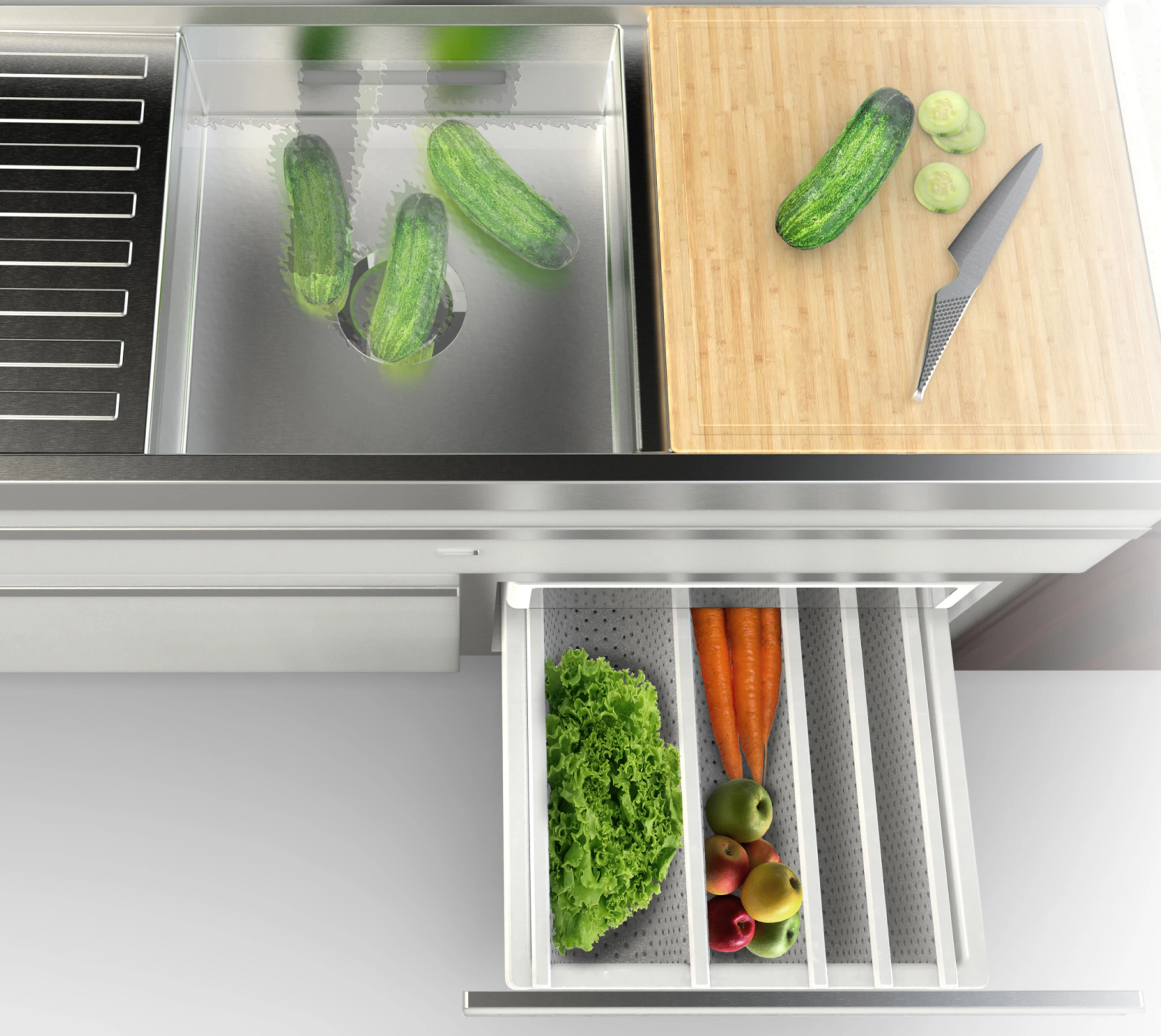 Smart sink and fresh storage drawer