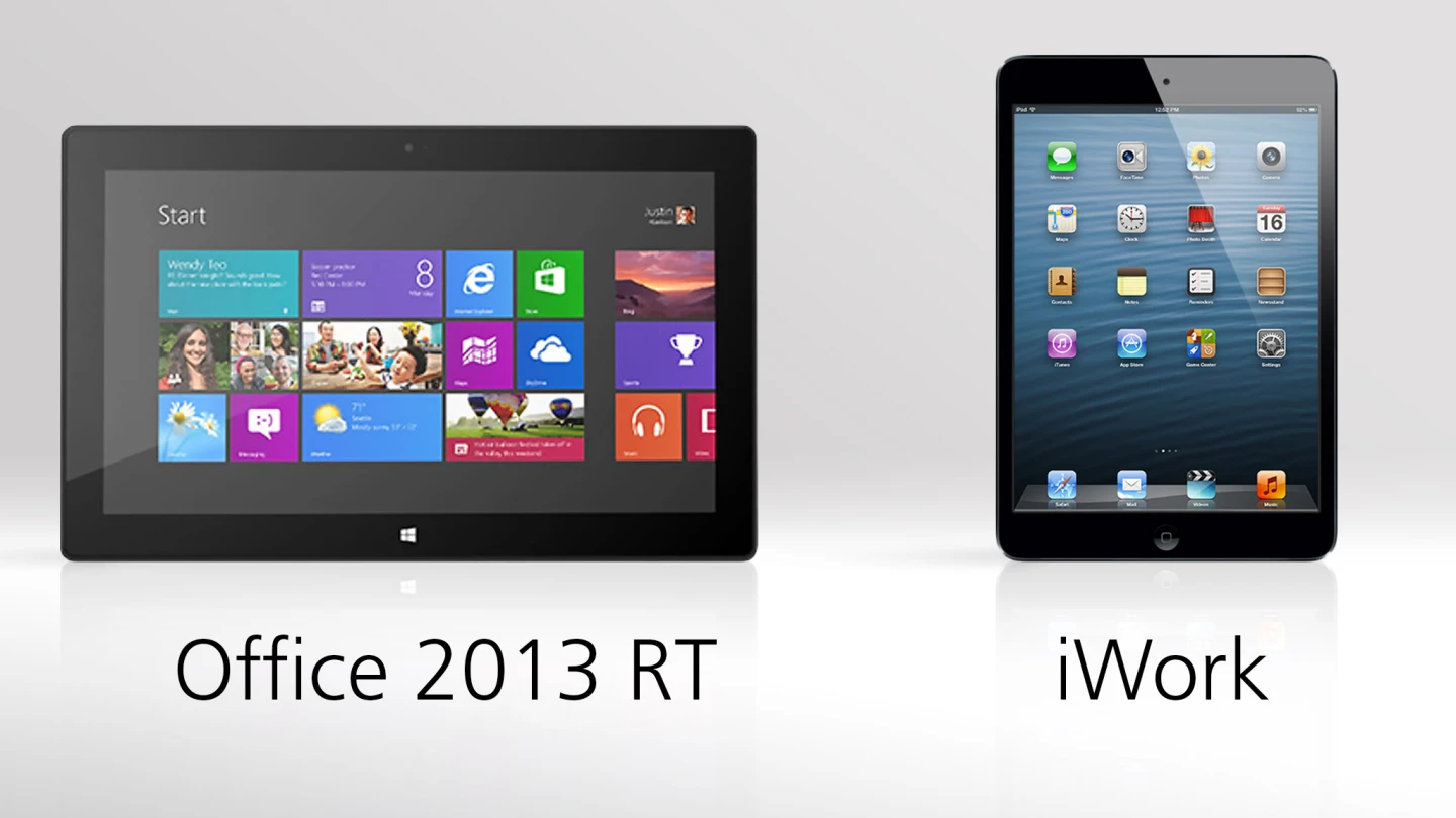The Surface RT includes a scaled-back version of Microsoft Office, while Apple sells its iWork suite in the App Store