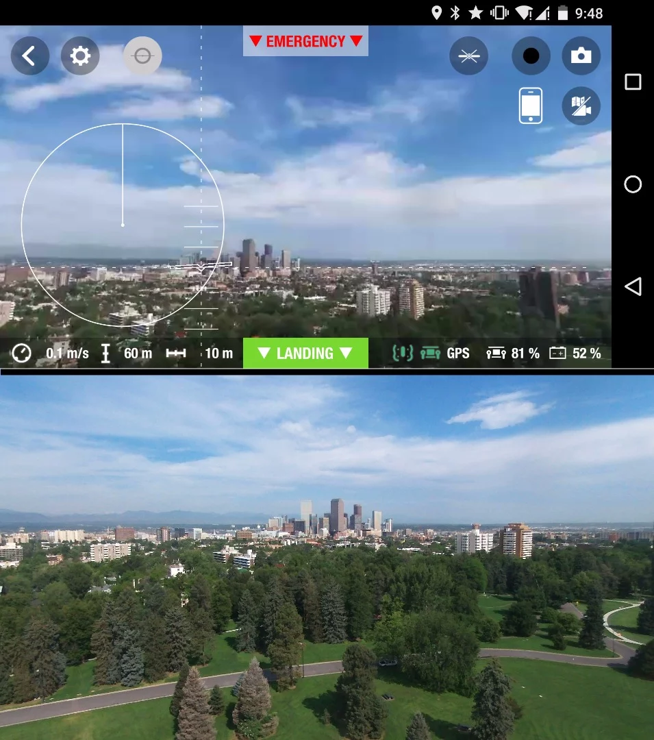 Screenshot from the Freeflight3 HUD in Android compared with quad footage taken a few seconds later