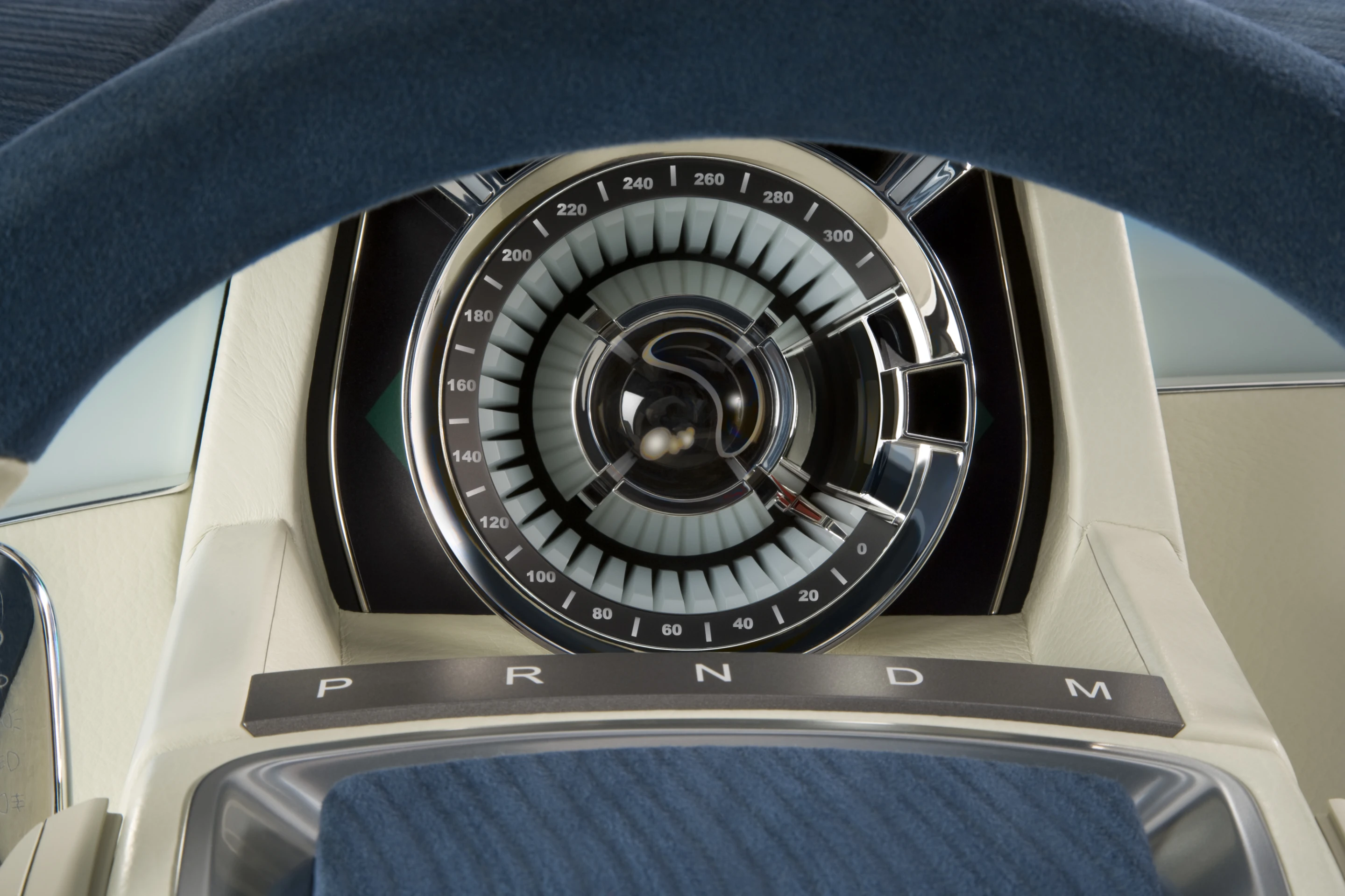 A simple centered instrument panel shows things like speed and selected drive mode