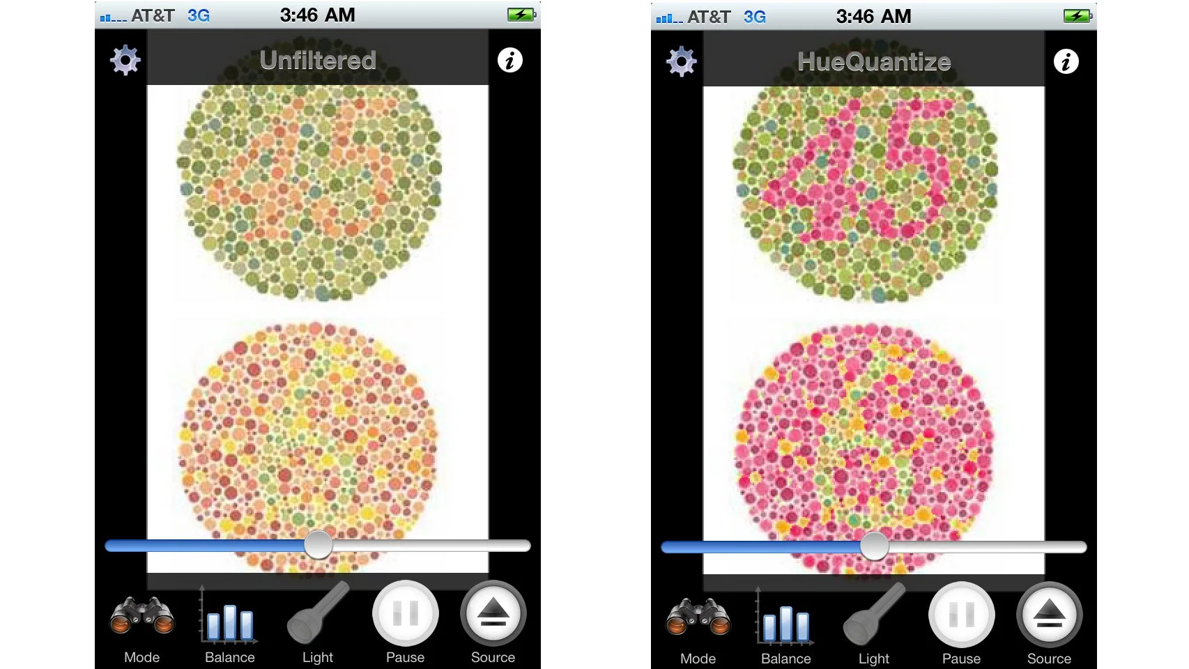 On the left is an Ishihara test plate - if you're not color blind you should be able to see some figures - while on the right is a clarified image using the DanKam filter, which should be visible to those who are color blind
