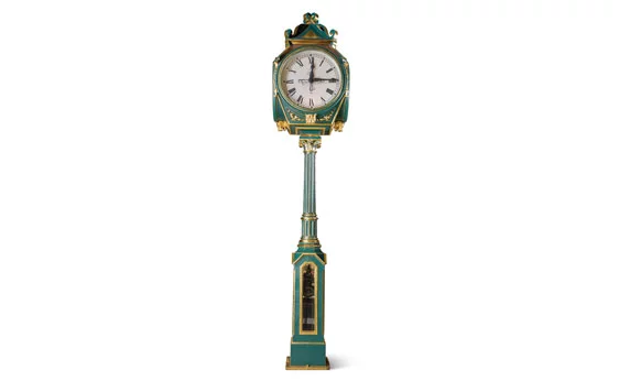 E. Howard Four-Dial Painted Cast Iron Eight-Day Post Clock. This rare post clock originally resided in a town square. All components are original but restored. Expected to bring US$40,000-60,000