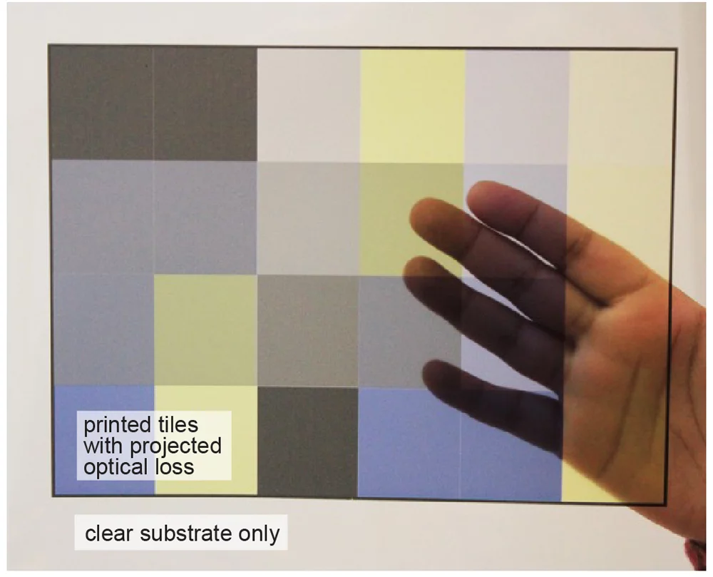 A mock up showing blue, yellow, black, clear, gray, and all the intermediate shades possible with the tunable window