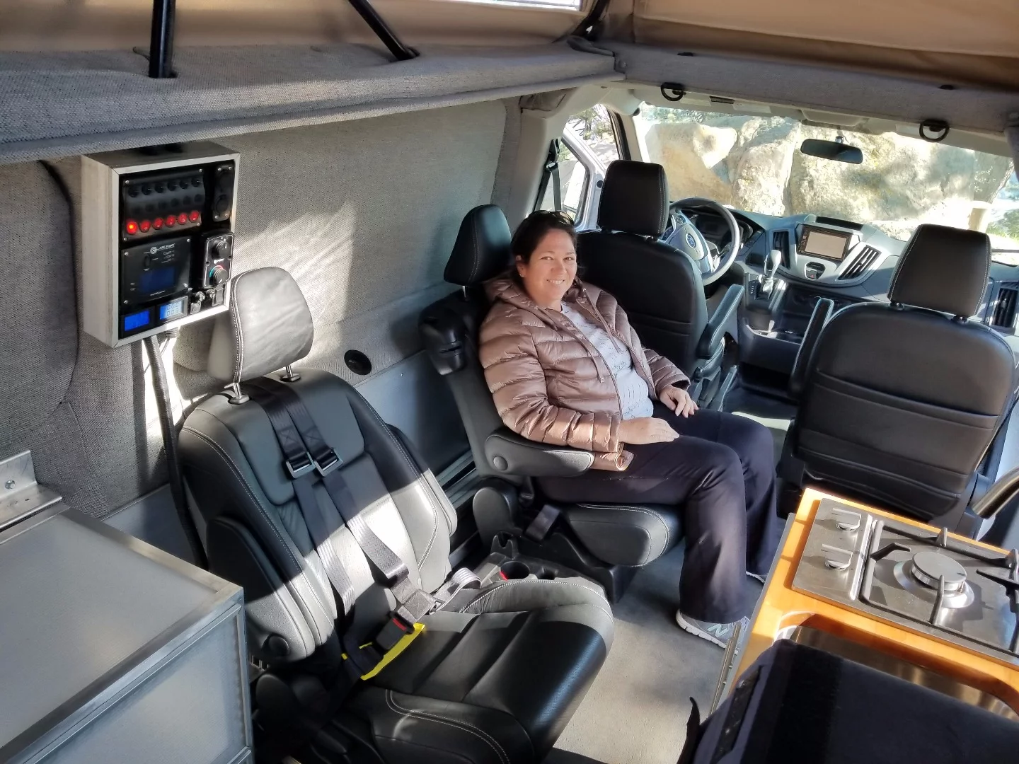 Two captain's chairs mounted in "camp mode"