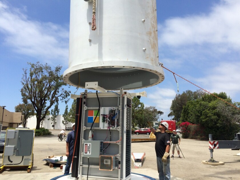A server rack is installed within the Project Natick vessel