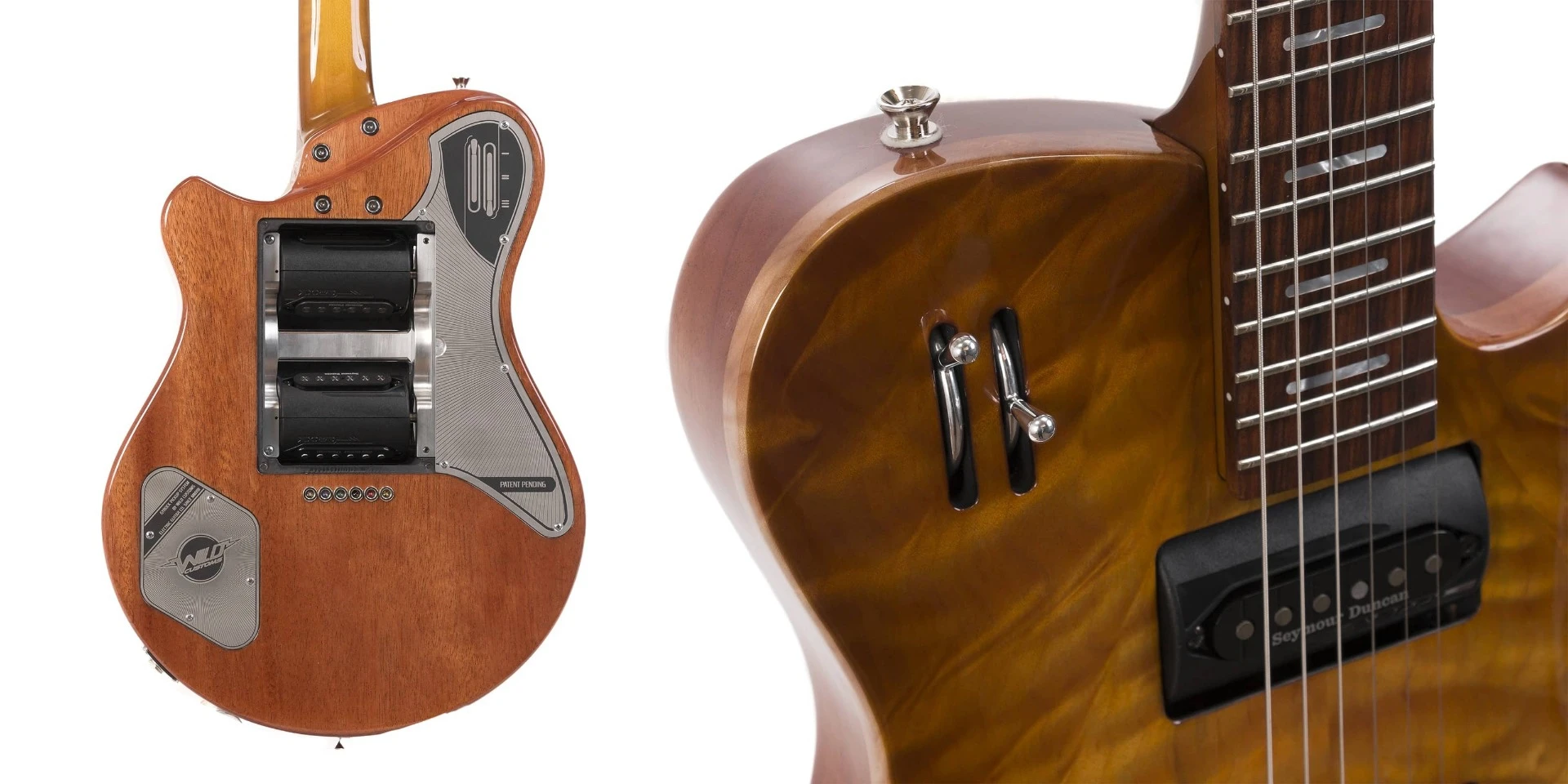 The Gyrock system doesn't require batteries, pickups are changed using two shifter levers at the top of the guitar's body