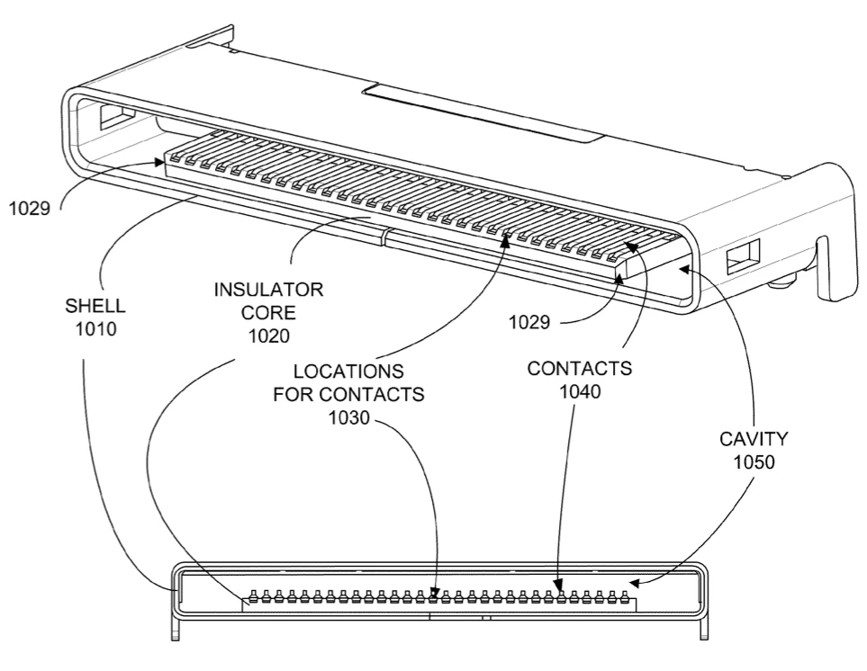 Illustration from the patent application for Apple's new USB 3.0 and DisplayPort/Thunderbolt iOS connector