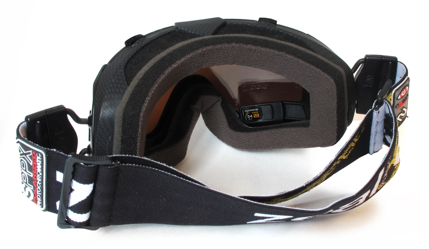 The image on the tiny LCD inside the goggles is made to appear as though it hangs about six feet in front of the user