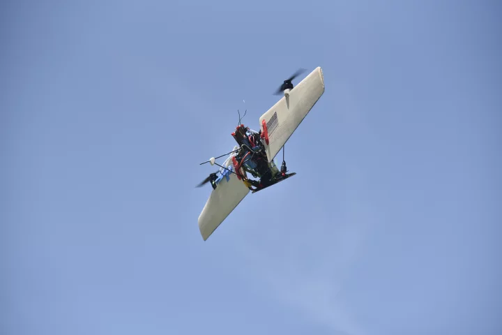 The THOR prototype can transition from hover to fixed-wing cruise mode by rotating its wings into alignment