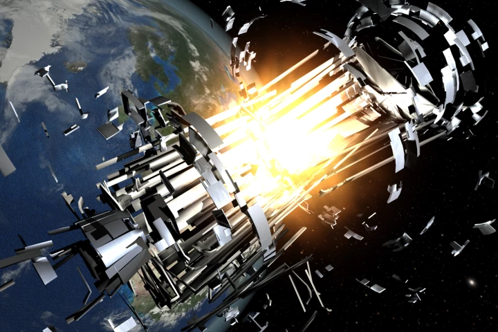 Representation of a satellite being destroyed by collision with orbital debris (Image: ESA)