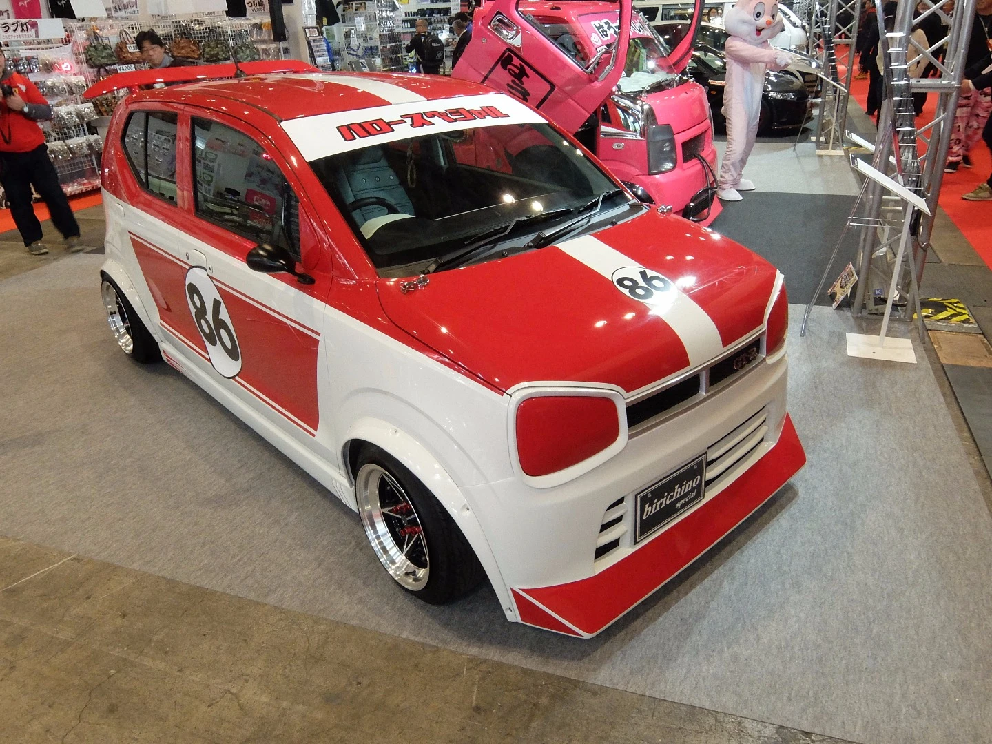 The YANCHA (Naughty) ALTO GT-RR by a company called Hello special. This is a 13 piece FRP (Fiber Reinforced Plastic) kit that costs about 350,000 yen ($2985). Note the large pink rabbit in the background next to the micro pick-up with butterfly doors ... that about sums up Tokyo Auto Salon 2016