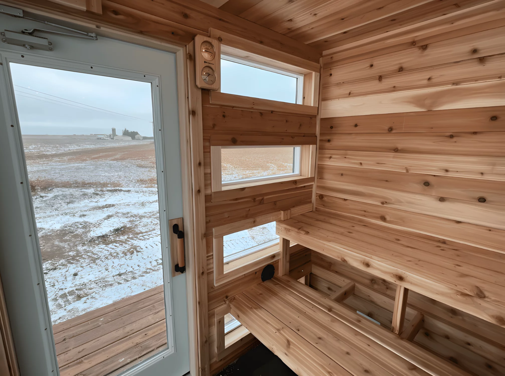 The SaunaPlunge Container's sauna seats four adults comfortably