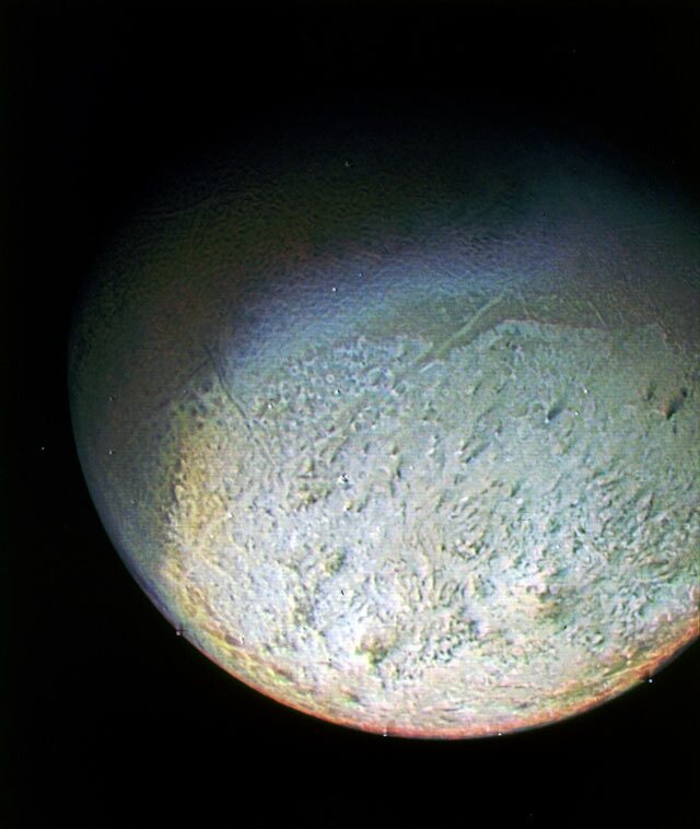 Triton's bright Southern Hemisphere, taken by Voyager II