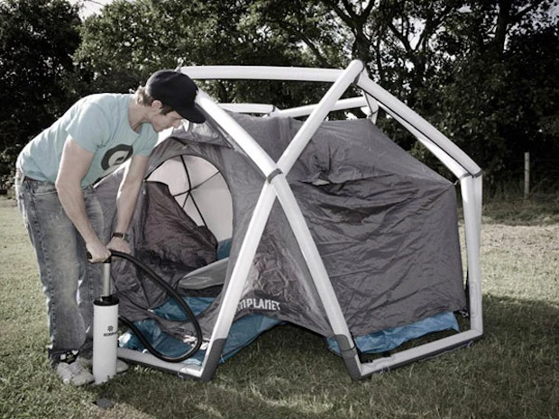 The inflatable geodesic "Cave" tent from Heimplanet