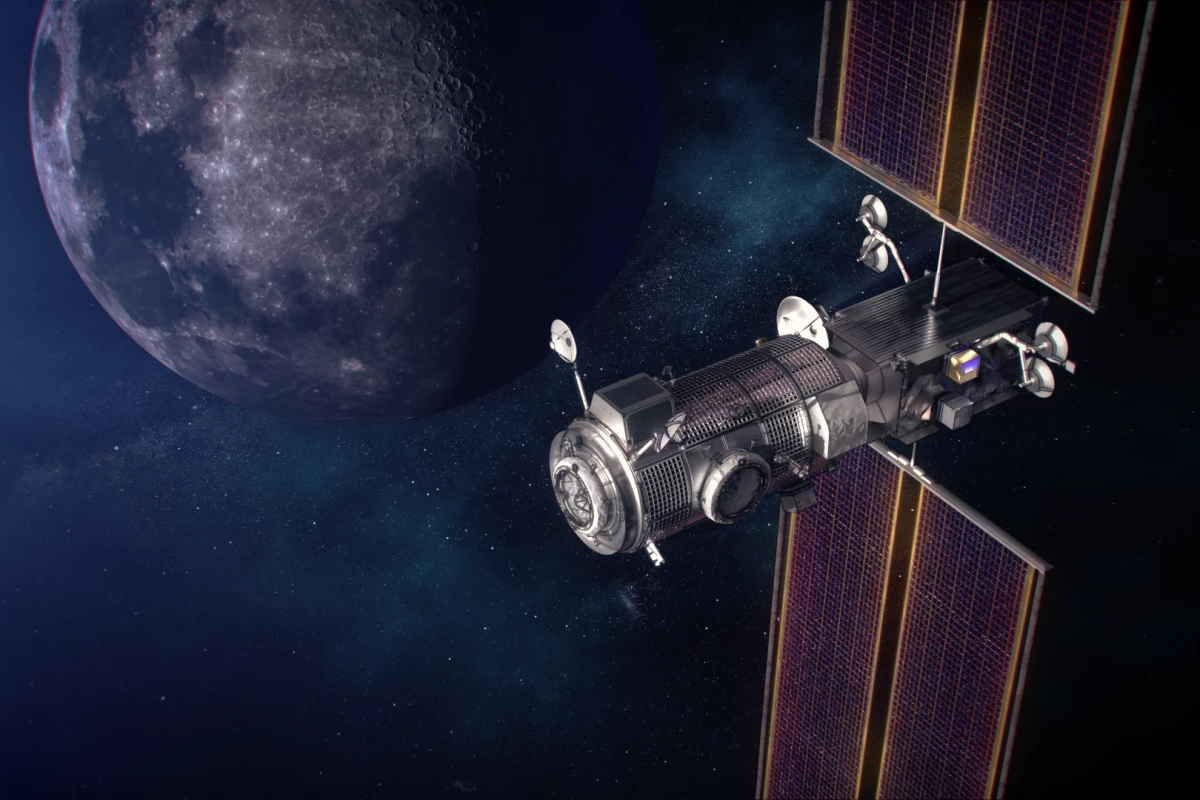 Artist's concept of the Gateway power and propulsion and Habitation and Logistics Outpost, or HALO, in orbit around the Moon