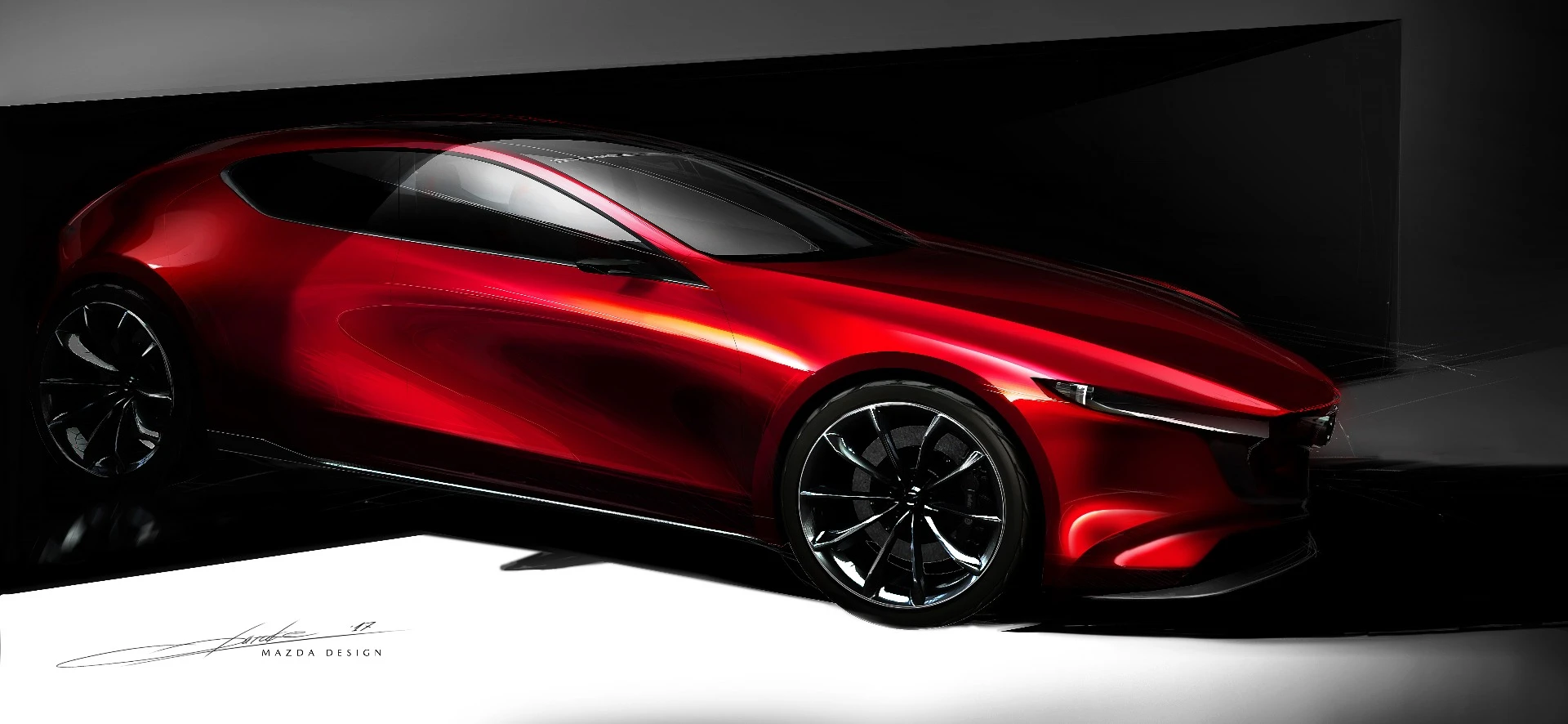 Renderings of the Kai Concept showed a fast-paced, low-roofed car with a definite speedy quality about its look
