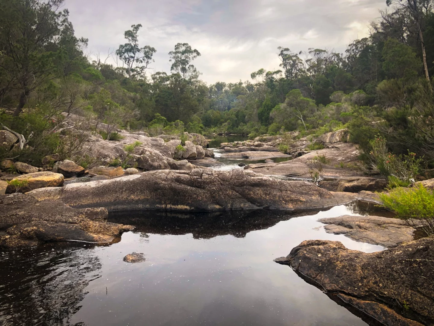 Newton's Crossing camping area, flanked by a river and a creek
