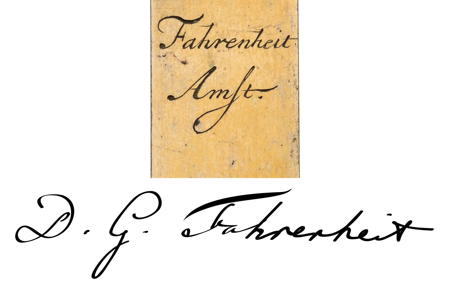 There are considerable similarities between the engraving on the rear of the thermometer and Fahrenheit's signature, suggesting it was engraved by the instrument maker himself to be a signature. The "Amst" signifies Amsterdam, which was at the height of global prominence at the time of the making of this thermometer, experiencing the "Dutch Golden Age" of trade, science and art.