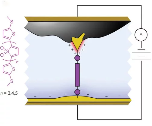 Diagram of the molecular junction that functions as a diode, allowing current to flow in one direction only