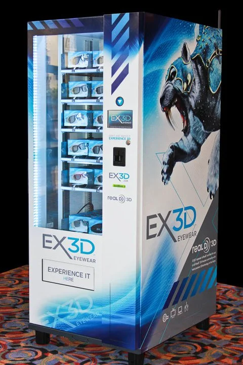 Each machine features a touchscreen interface and stocks a number of different styled EX3D glasses in various colors