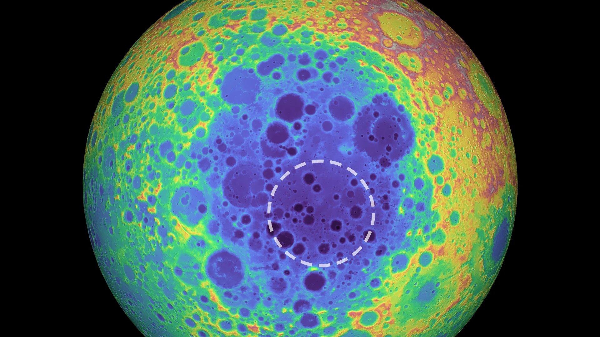 The huge South Pole-Aitken basin on the Moon can be seen in this topographical map, as blue areas represent lower regions. The white dotted outline shows the location of the mass anomaly