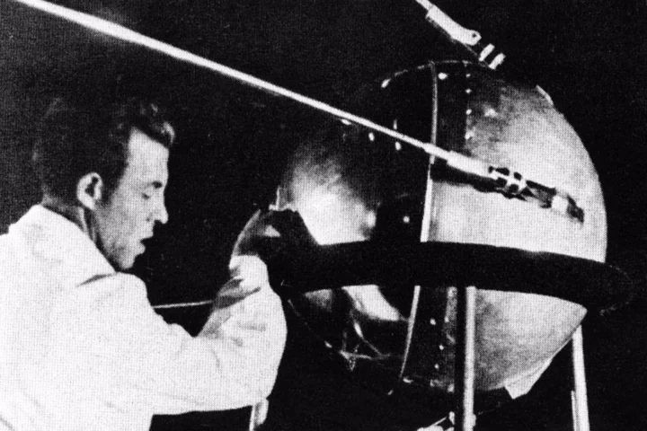 One of the first images released of the actual Sputnik 1 satellite