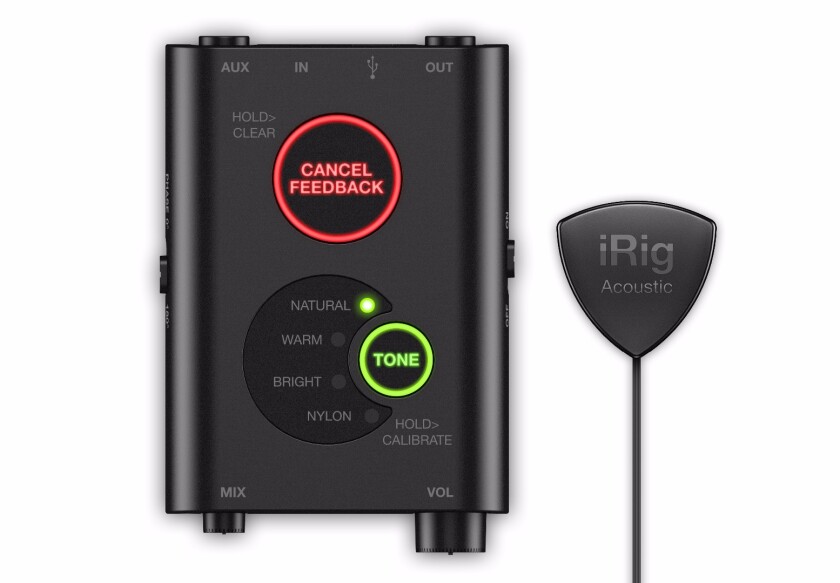 The iRig Acoustic Stage package comprises a pick-shaped MEMS microphone and a battery-powered box rocking a preamp and digital signal processing