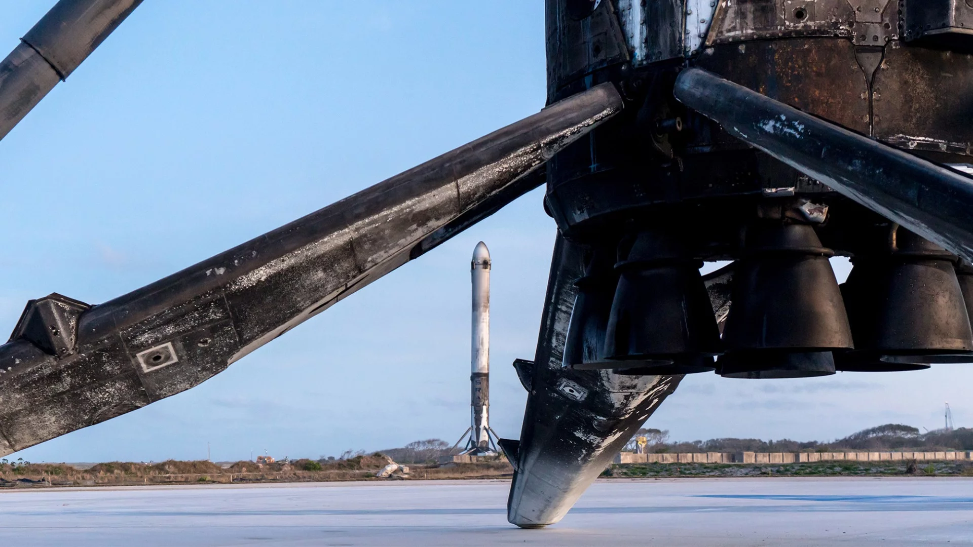STP-2 is the first mission to reuse side boosters from an earlier Falcon Heavy flight, seen here after returning safely to Earth