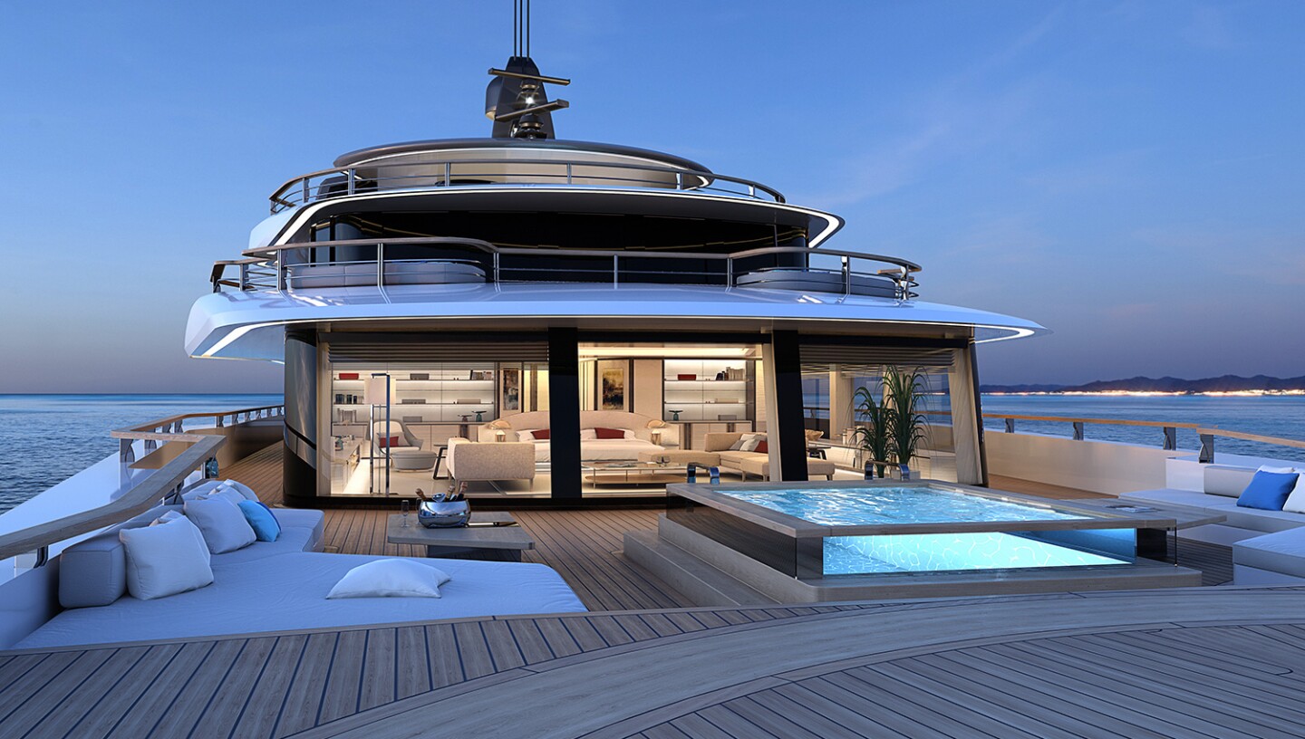 The impressive owner's suite includes full-height glass all around and a private deck with jacuzzi pool