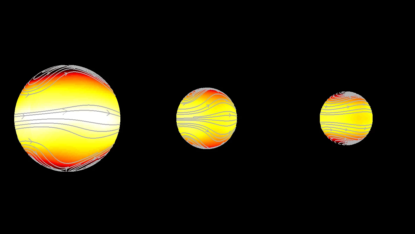 Of the three possible climate types for tidally locked exoplanets, the wind patterns and climate types pictured center and right are potentially habitable