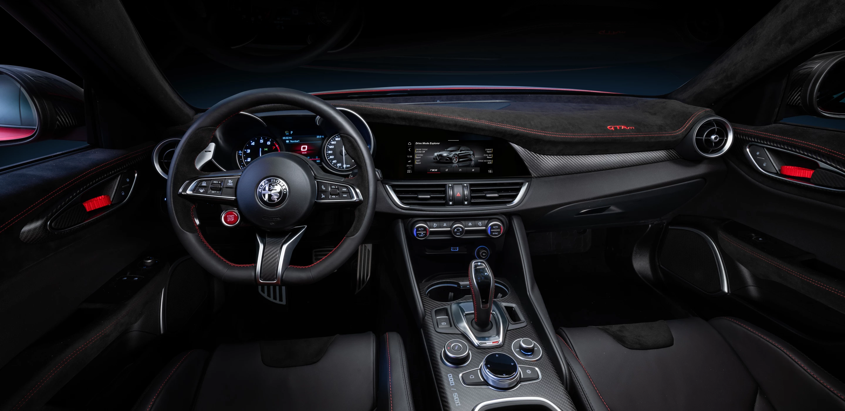 The Giulia GTA's interior comes from the Quadrifoglio model, with added Alcantara for good measure