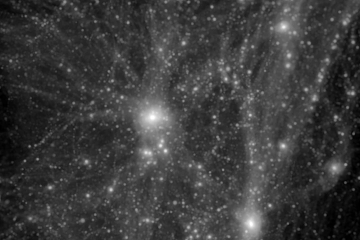 A simulation of the dark matter structure around the Milky Way galaxy – ironically, the brighter spots indicate more dark matter