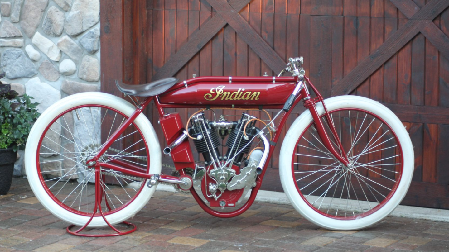The recipient of a complete restoration, this 1913 Indian 8-valve Racer has been returned to "as new" condition. Auction Description