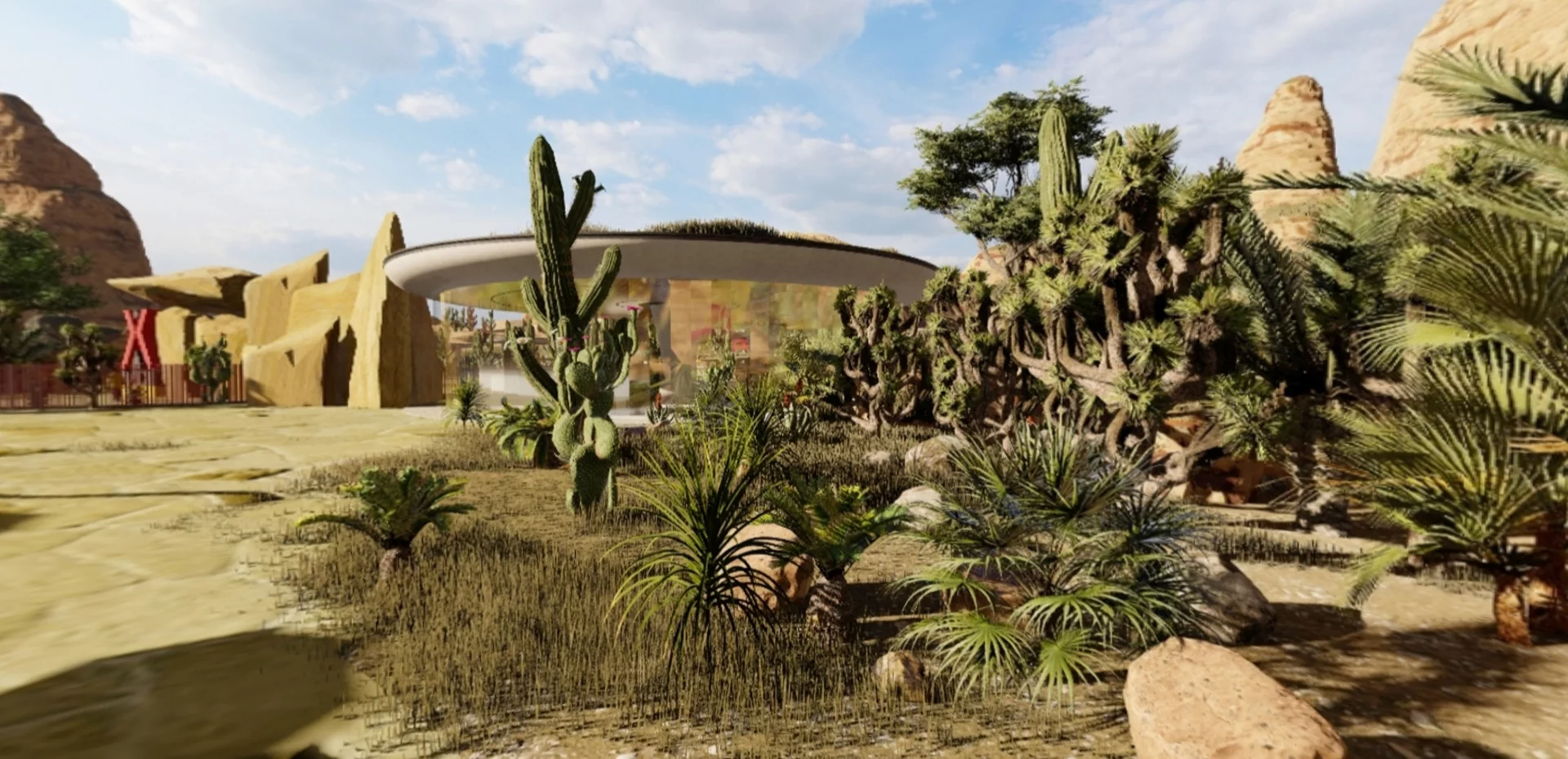 That's a glass-walled building, but at first we thought it was a 360-degree mist system, which would also come in handy at a sizzling desert campsite