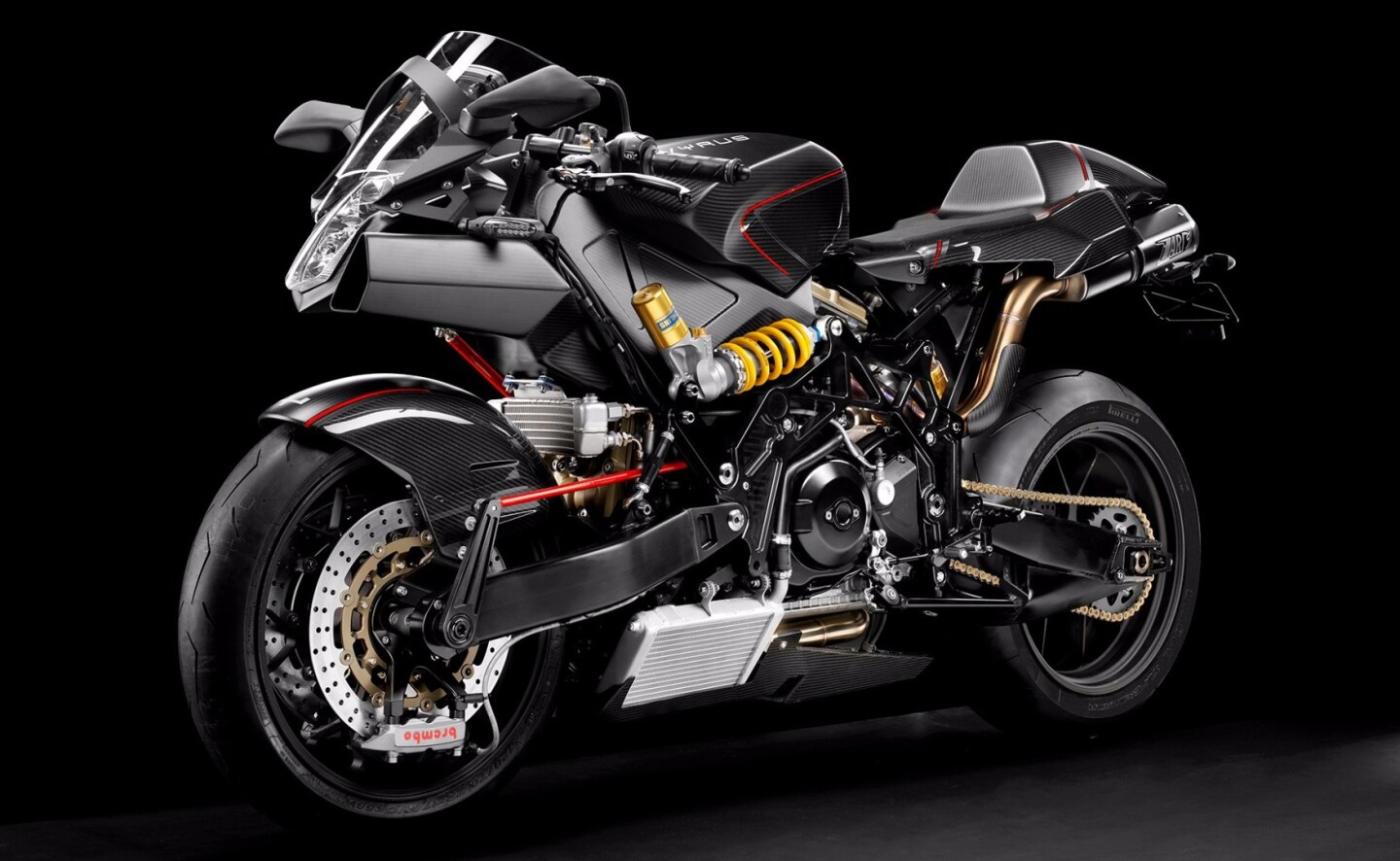 Vyrus 987 3 4V, showing front swingarm and tiller-style steering linkage that goes all the way back to the frame of the bike. Steering lock is limited so the front swingarm doesn't drag on the ground while cornering