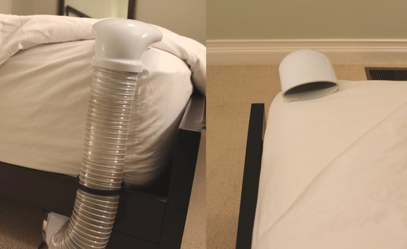A receptacle inserted under the mattress holds the hose in place, while a flattened angled nozzle directs the air stream