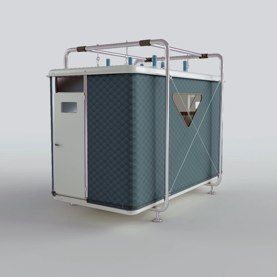 The shelter offers some of the benefits of a tent, but sports a fiberglass roof and floor, and real doors