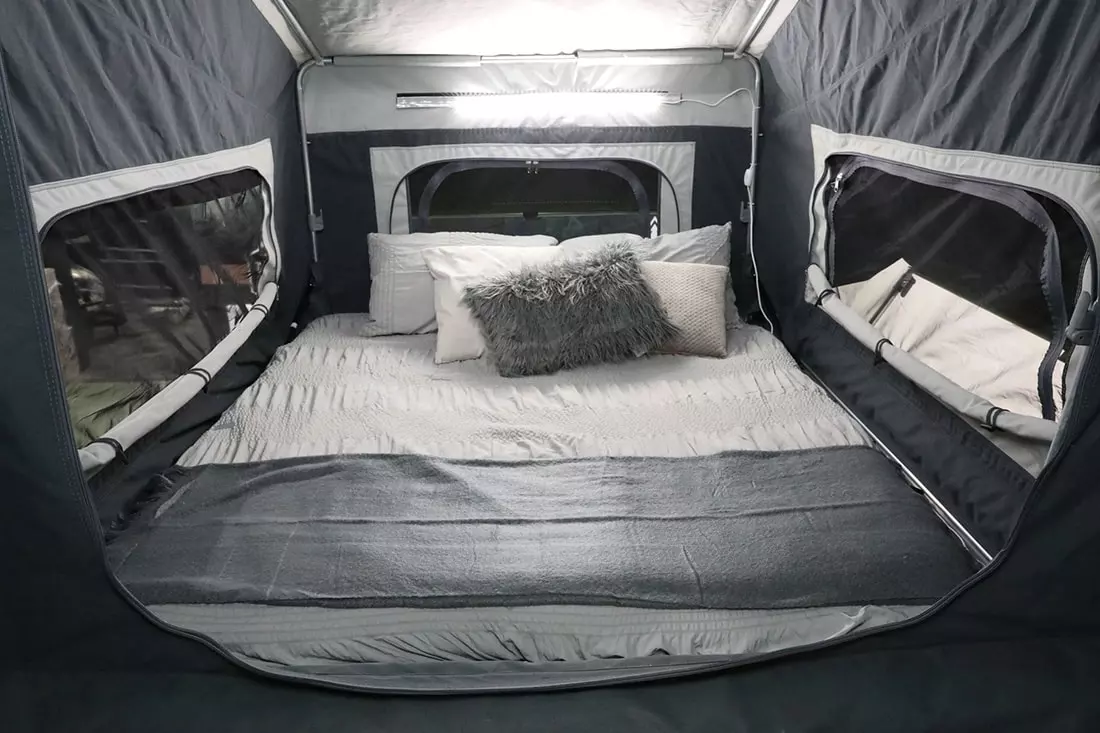 The front tent area houses the "master bedroom" with queen bed