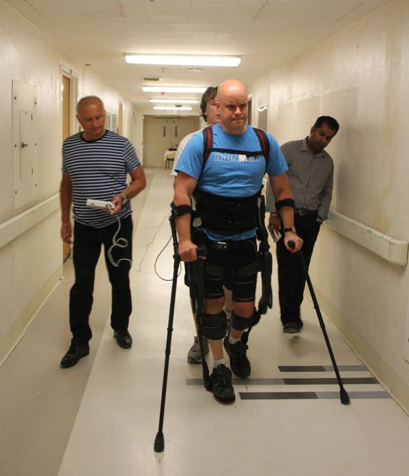 Mark, who had been totally paralyzed from the waist down for four years prior to this research, was given five days of training in the robot exoskeleton
