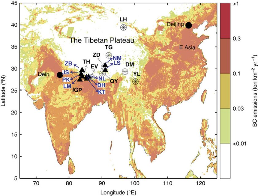 Map showing the sources of black carbon around the Third Pole