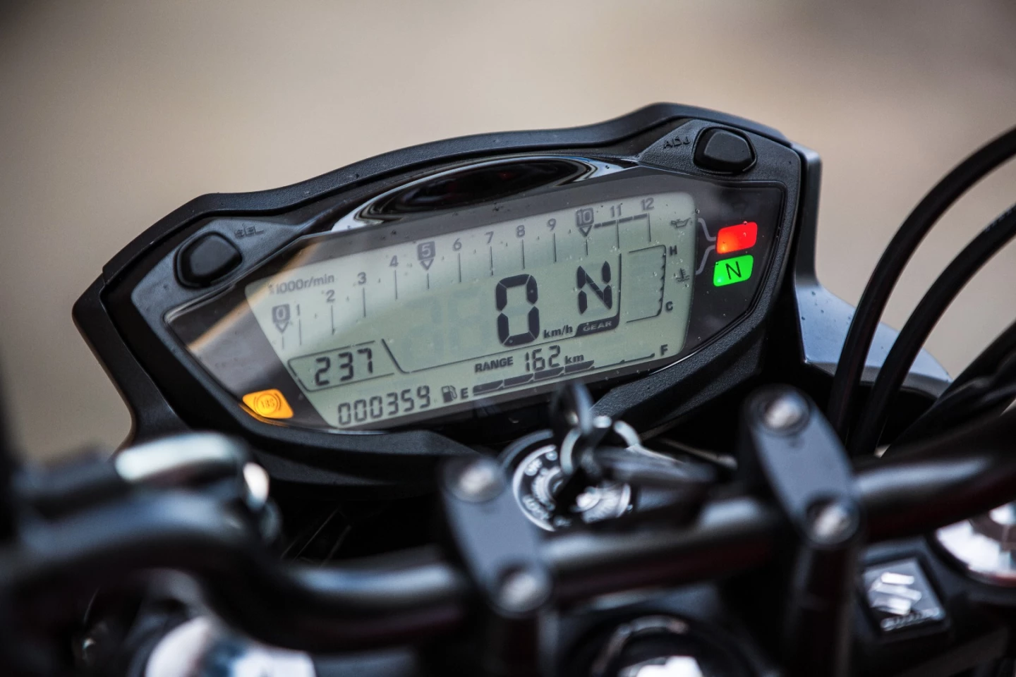 Suzuki SV650: digital dash is a standout feature. Nice big speedo readout, clock, tacho, fuel gauge, trip meter and range to empty - plus a gear position indicator, which is nice.