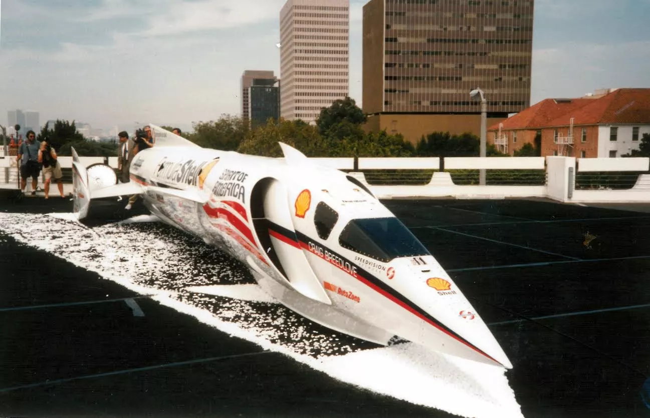 Spirit of America on the roof of the Petersen Auto Museum in Los Angeles. The car was lifted several stories onto the roof by crane for the original press rollout.