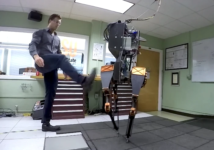 An ATRIAS bipedal bot can recover from a swift, sudden kick (Photo: Oregon State University)