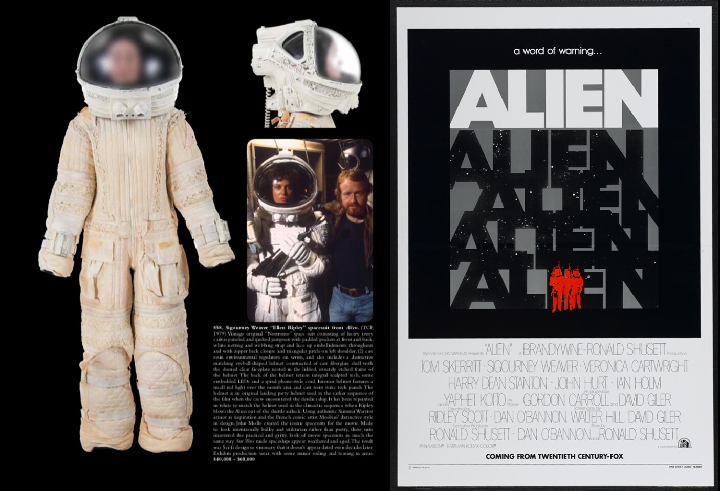 $204,800 | Sigourney Weaver spacesuit from 'Alien' | Auction House: Profiles in History | Sale price: US$204,800 | Official Estimate: US$40,000 to $60,000 | Date of sale: June 7, 2018