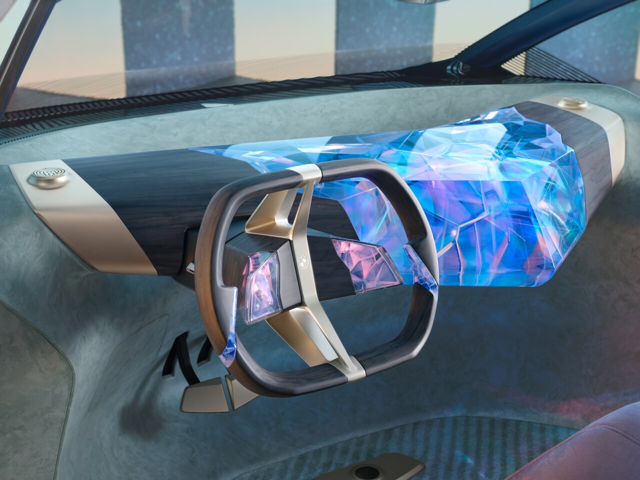 The BMW i Vision Circular's crystal instrument panel "hovers" within the cabin