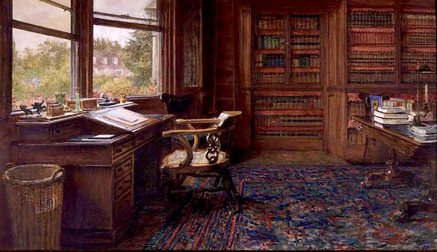 Charles Dickens' writing room at Gad's Hill Place, near Rochester in Kent, as portrayed in Sir Samuel Luke Fildes' painting "The Empty Chair", painted following Dickens' death. This was the room in which Dickens wrote Great Expectations. Fildes' painting now resides in the Charles Dickens Museum at the author's former home in London, and the desk was recently acquired from the 2008 purchaser by the museum too.