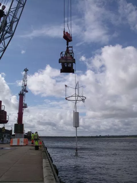 The small-scale SeaTwirl prototype being deployed in the ocean