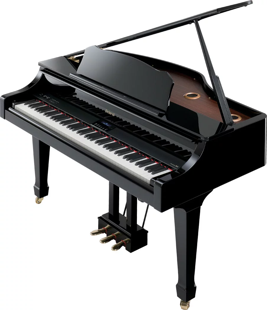 The RG-3F Mini-Grand gets a newly designed, high quality cabinet, classically-shaped triple pedals, and an increased amplifier output